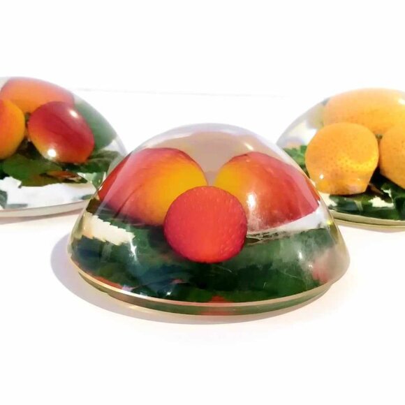 Domed Lucite Fruit Strawberry Lemon Paperweights Vintage - Picture 1 of 10